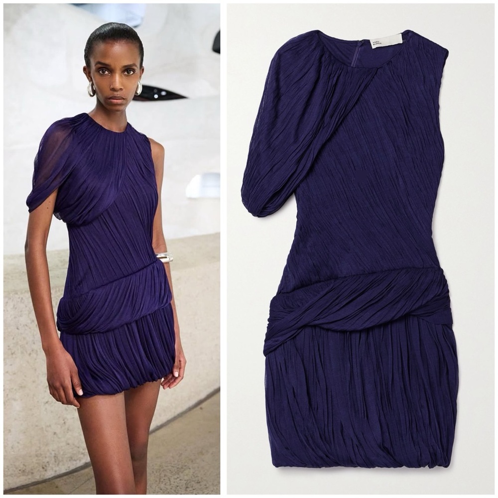 NWT TORY BURCH One-Sleeve Draped Silk-Plissé Mini Dress $2,298 0
